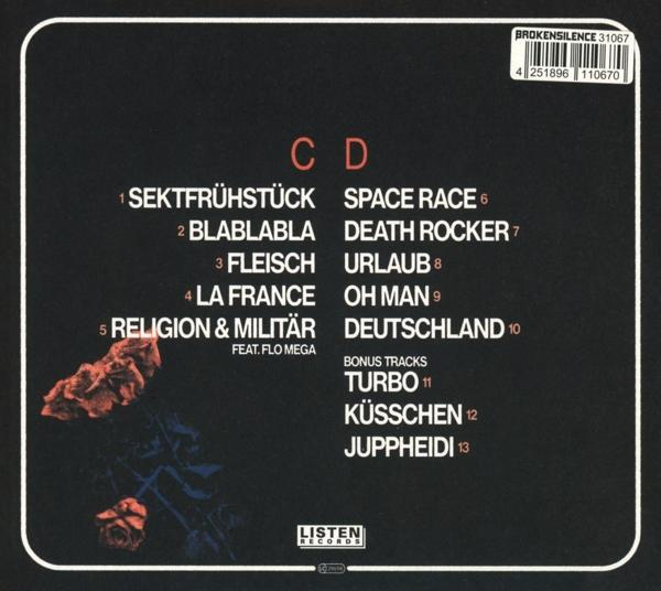 CD-Rückseite mit Titelliste. Dunkler Hintergrund mit Rosen und Text.