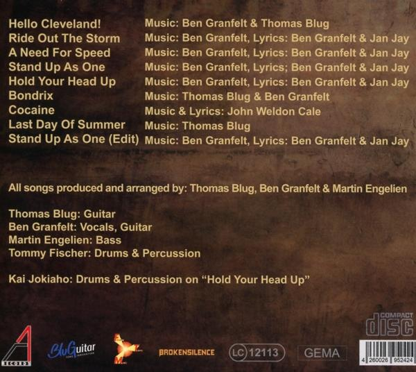 Eine CD-Rückseite mit Songtiteln, Credits und Logos auf braunem Hintergrund.