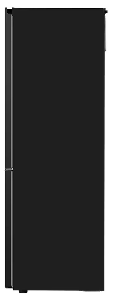 Czarny widok z boku lodówki. Widoczny uchwyt i krawędź drzwi. Minimalistyczny design.