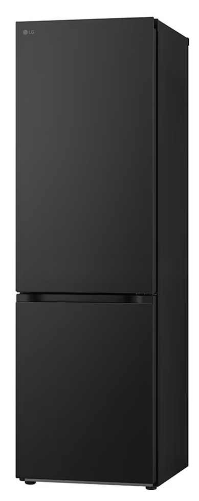 Wysoka, czarna lodówka LG z dwiema drzwiami. Widoczne logo LG.