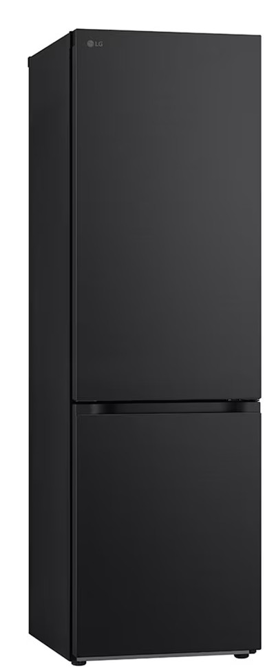 Czarna lodówka LG, dwudrzwiowa, na białym tle, lekko pochylona.