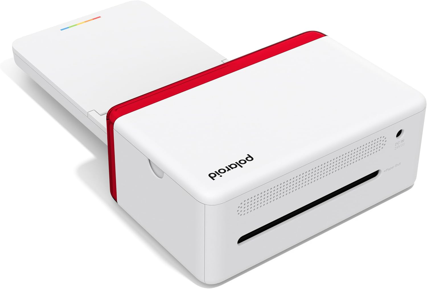 Una impresora de fotos Polaroid blanca con un acento rojo, que muestra la ranura de salida de papel.