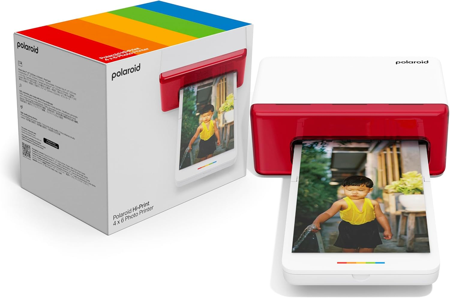 Impresora Polaroid imprimiendo foto, caja con diseño arcoíris.