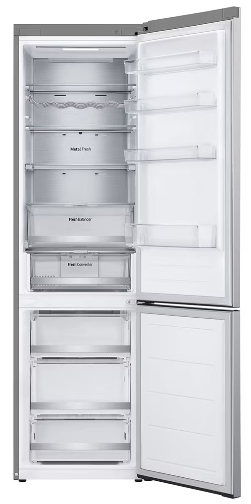 Otwarty wnętrze lodówki, wypełnione półkami i szufladami.