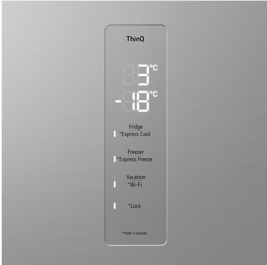 Panel sterowania lodówki pokazujący wyświetlacz temperatury i opcje. Szare tło i biały tekst.