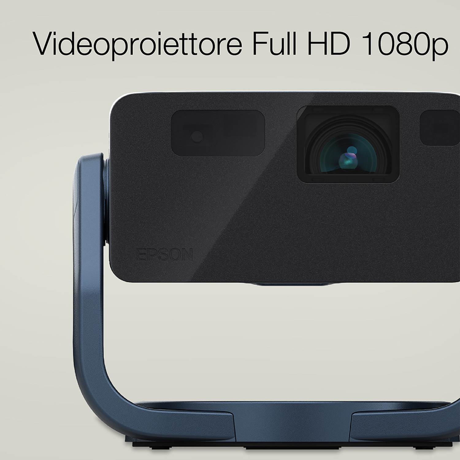 Un proiettore Epson nero con supporto blu, testo: Videoproiettore Full HD 1080p.