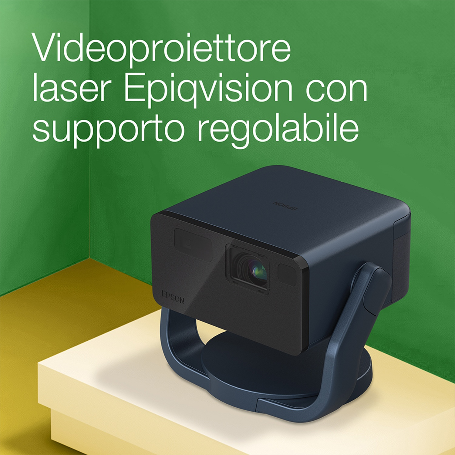 Un proiettore laser nero su un supporto, con testo pubblicitario.