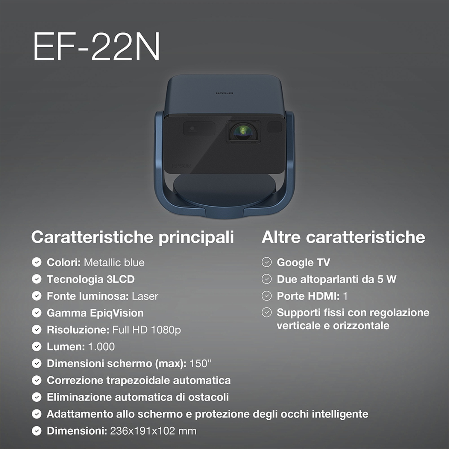 Un proiettore blu metallizzato, con testo in italiano. Ha i dettagli del proiettore sul lato.