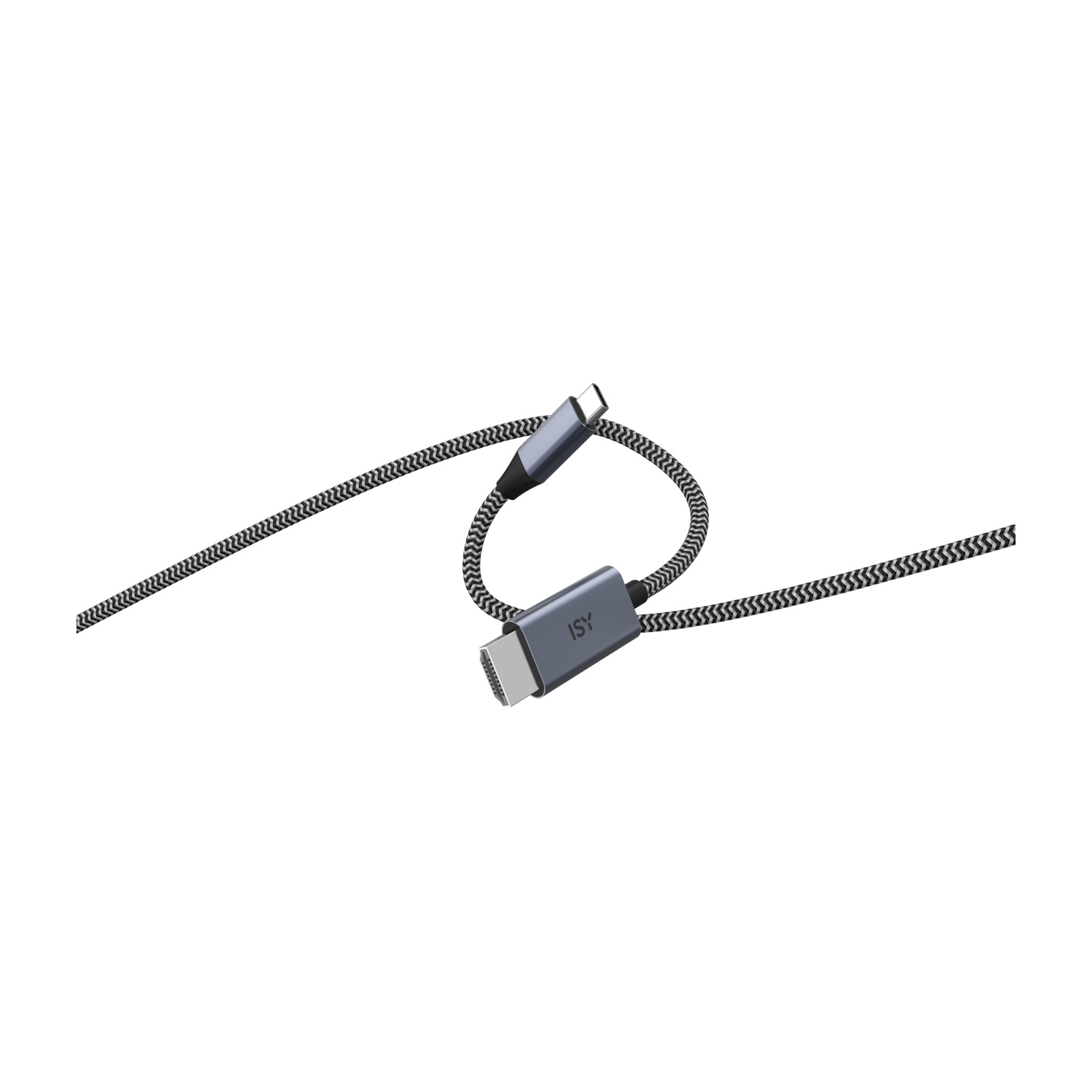 Un cavo USB-C con connettore grigio e cavo intrecciato bianco e nero.