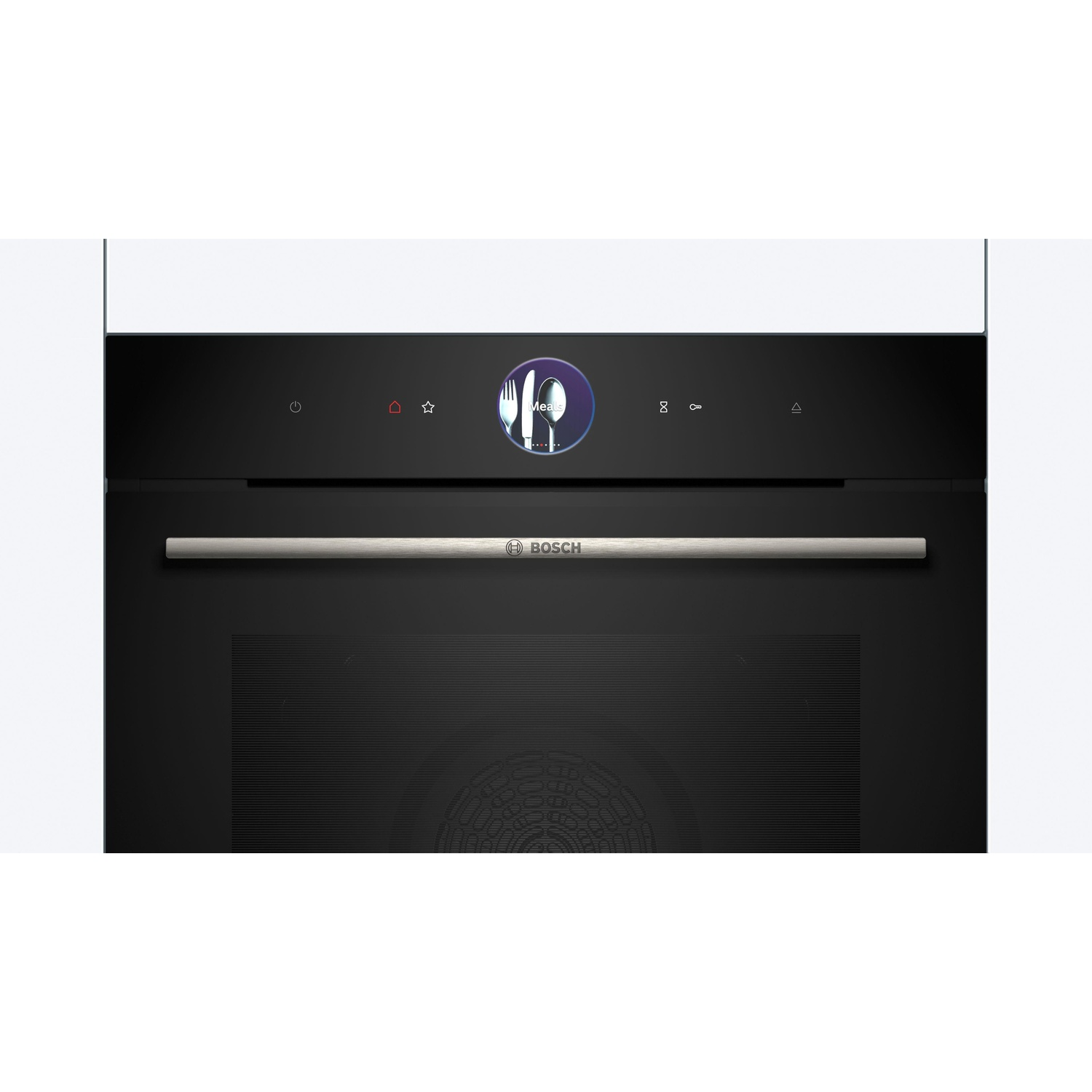 Un forno con parte anteriore nera e display touchscreen. Una maniglia argentata è sotto lo schermo.
