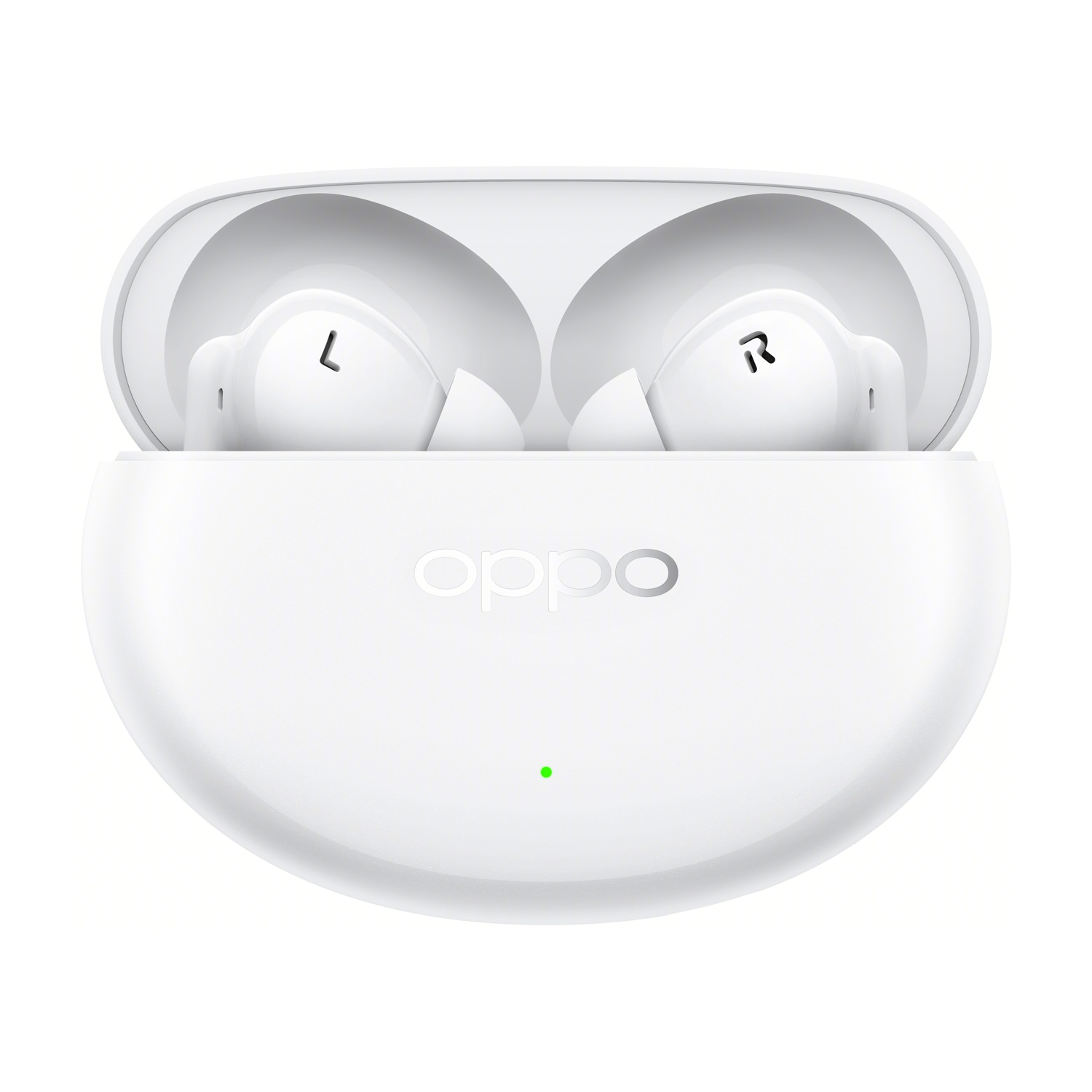 Auricolari bianchi in un astuccio di ricarica bianco. Il marchio 'oppo' è visibile.
