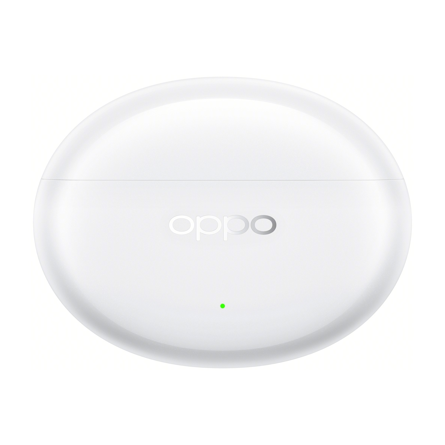 Custodia di ricarica per auricolari bianca, di forma ovale, con il marchio 'oppo'.