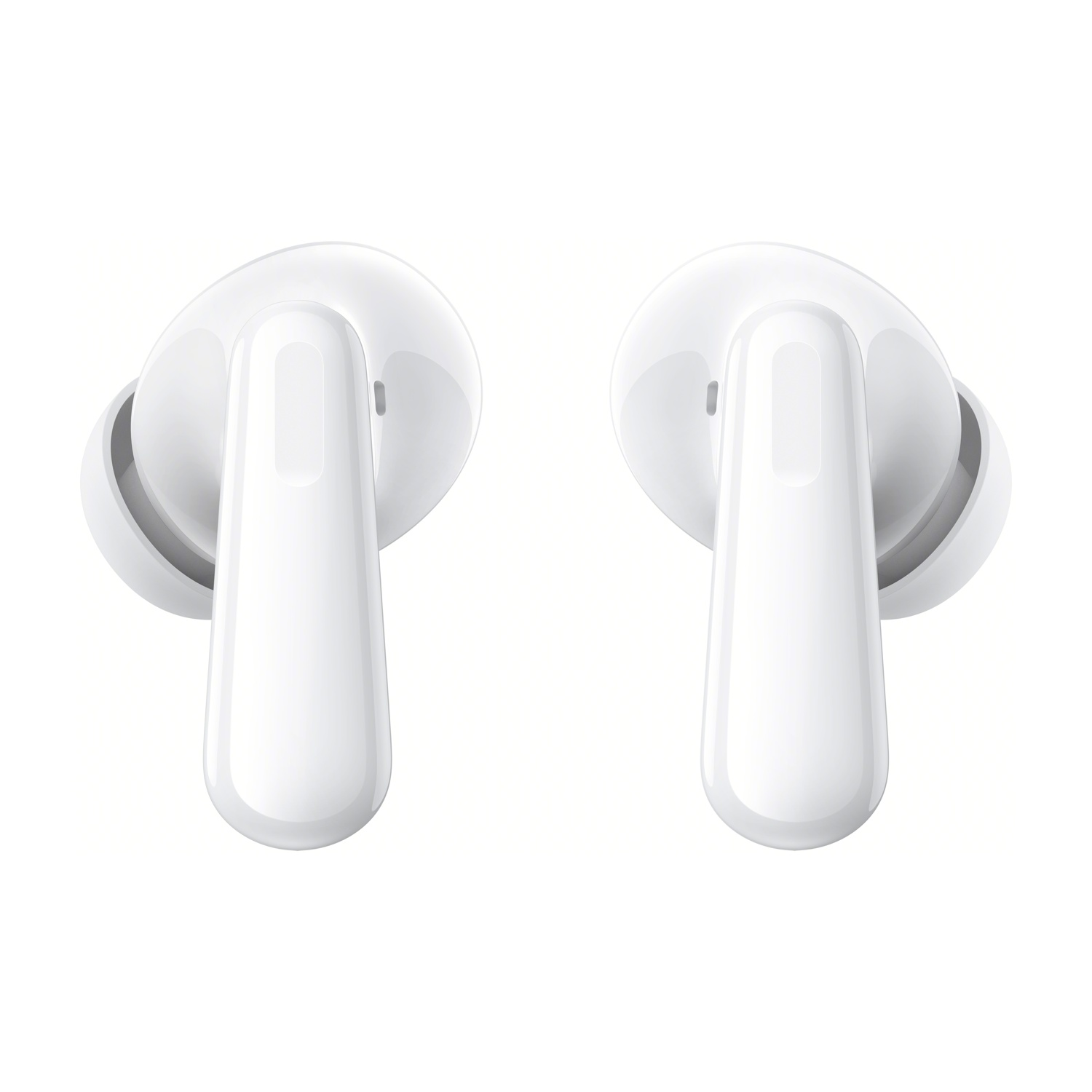 Due auricolari wireless bianchi. Hanno una forma arrotondata e un design a stelo.