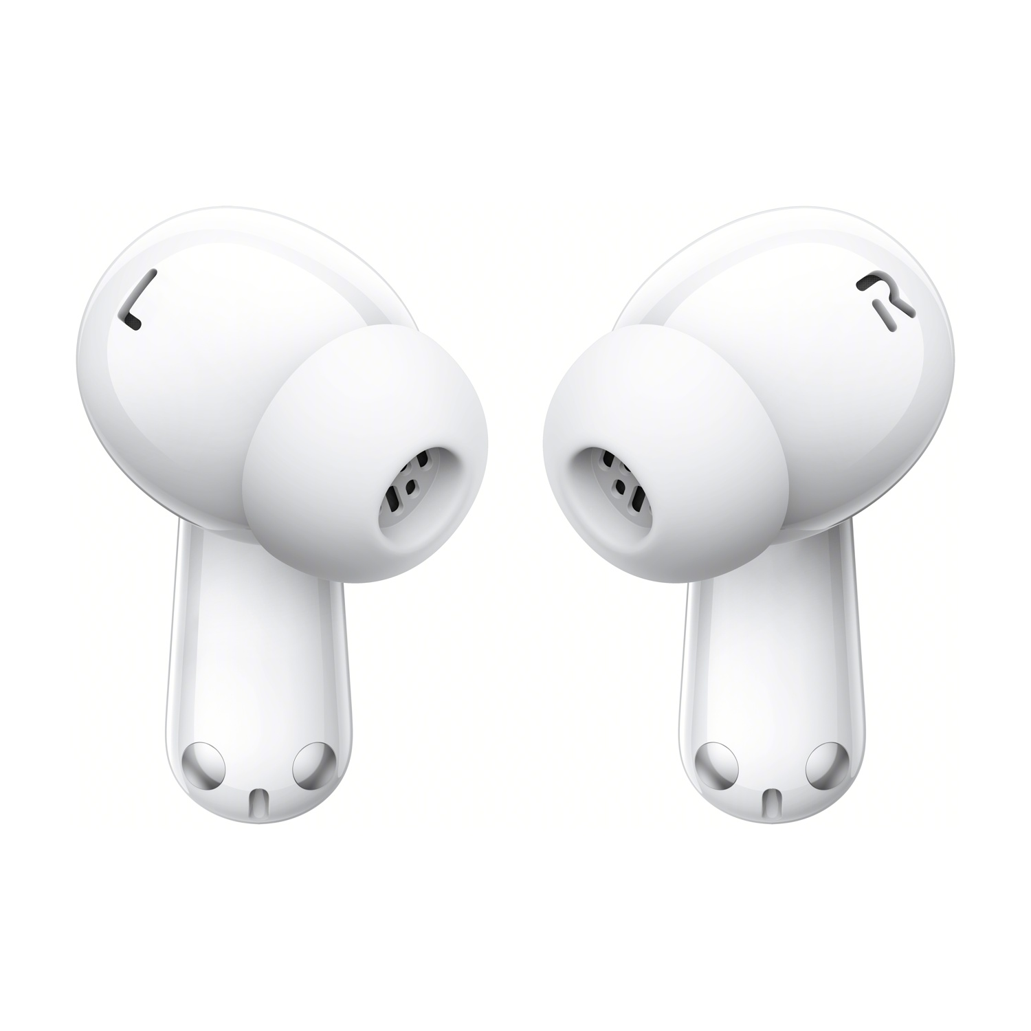 Due auricolari wireless bianchi, con segni L e R.