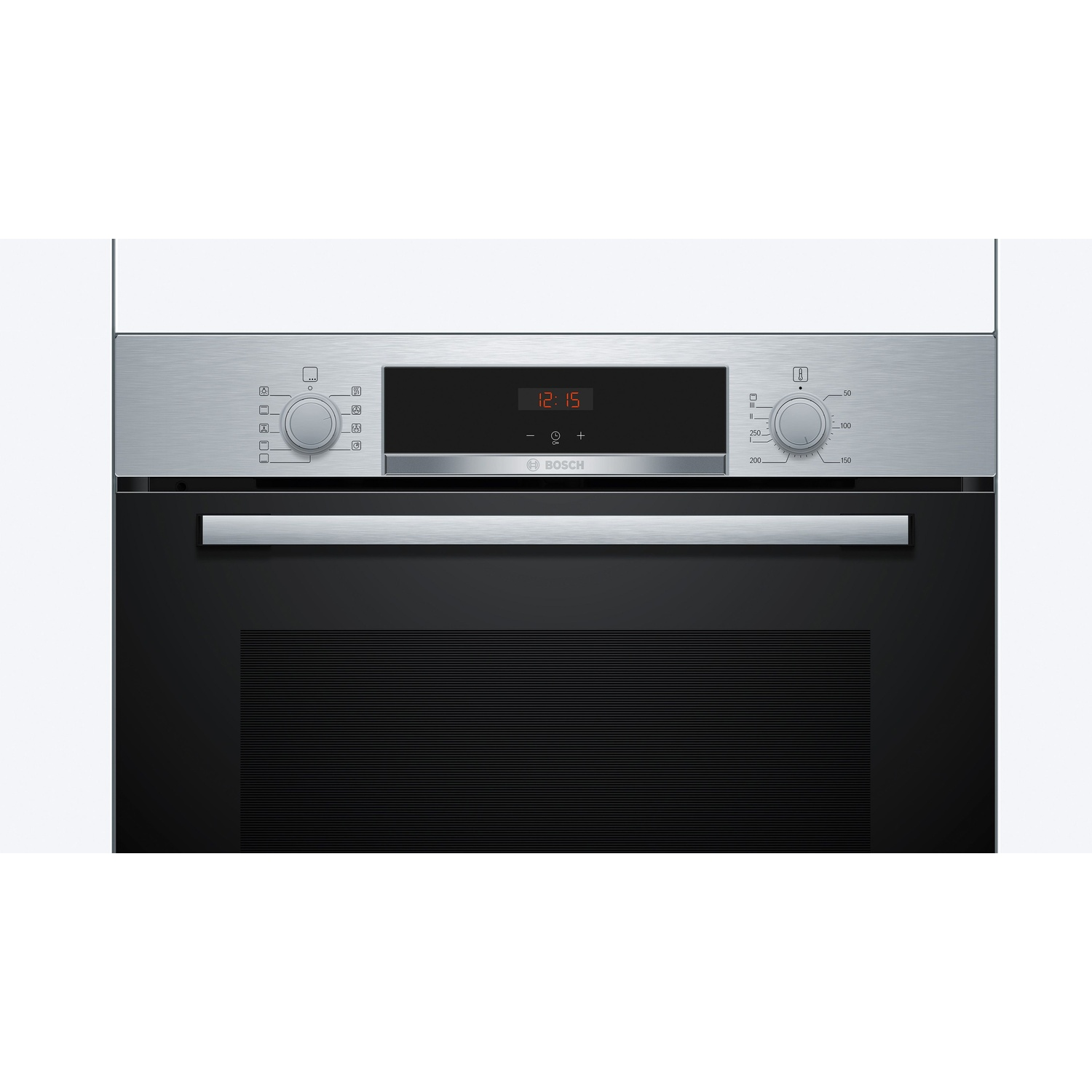 Vista frontale di un forno a incasso con display digitale e manopole.