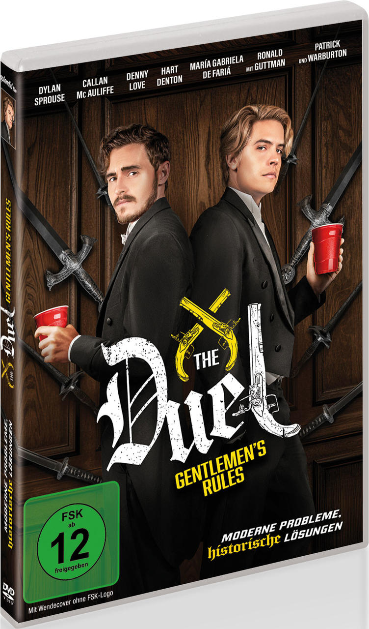 DVD-Cover mit zwei Männern mit Bechern, Filmtitel und einem Hintergrund aus Schwertern.