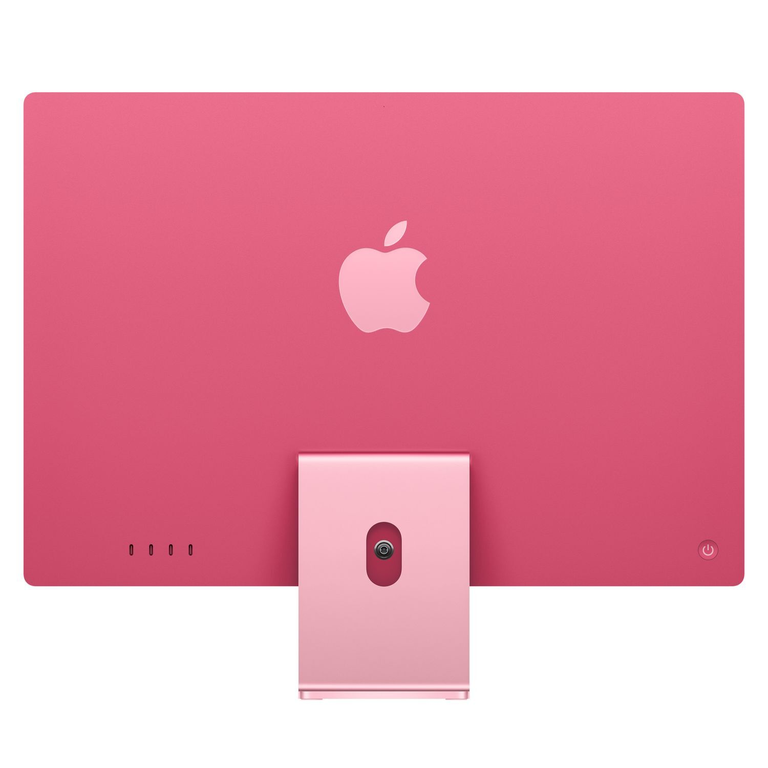 Back view of a pink iMac. The Apple logo is centered. Ports are at the bottom.