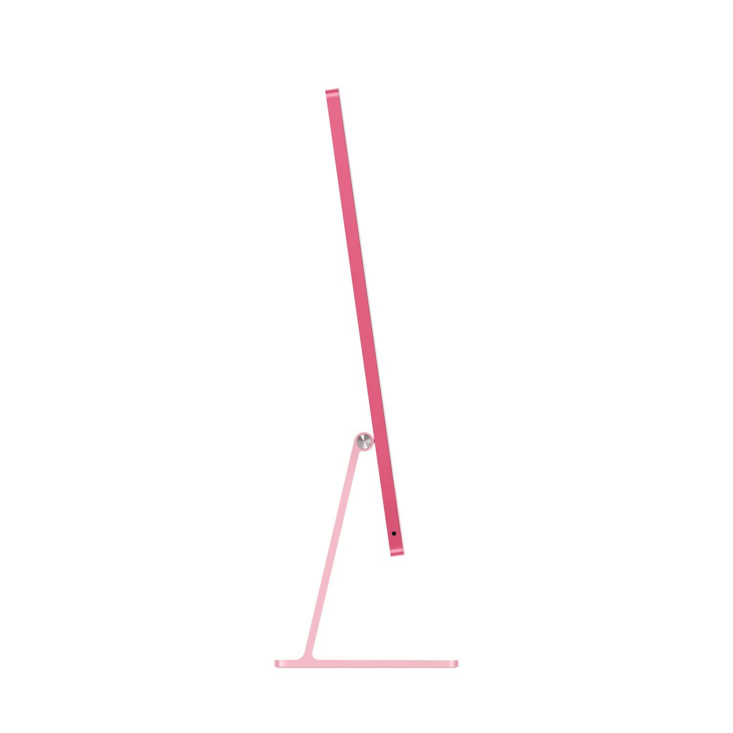 Side view of a pink iMac computer. The screen is facing away. The stand is also pink.