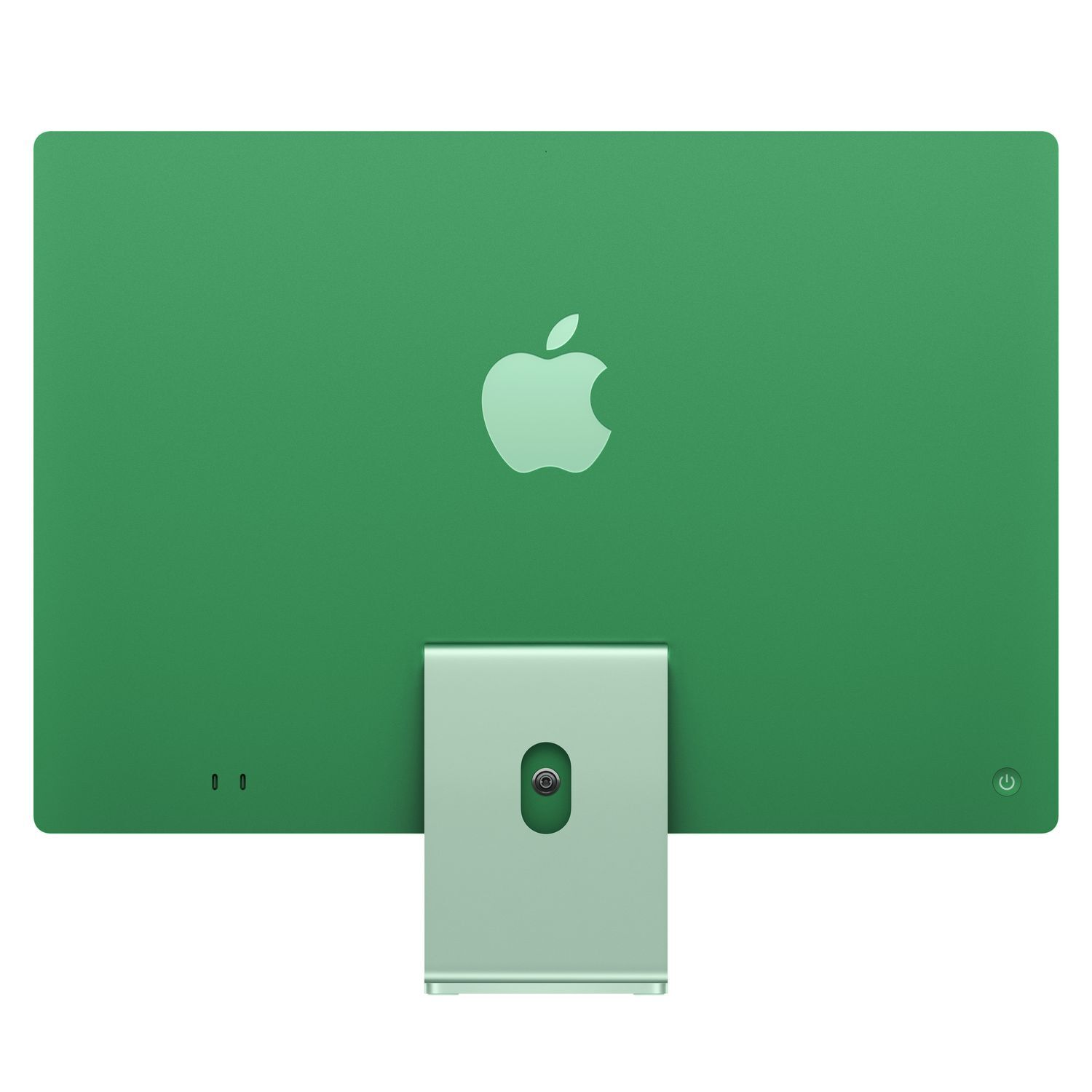 Green iMac back with Apple logo, stand, and power button.