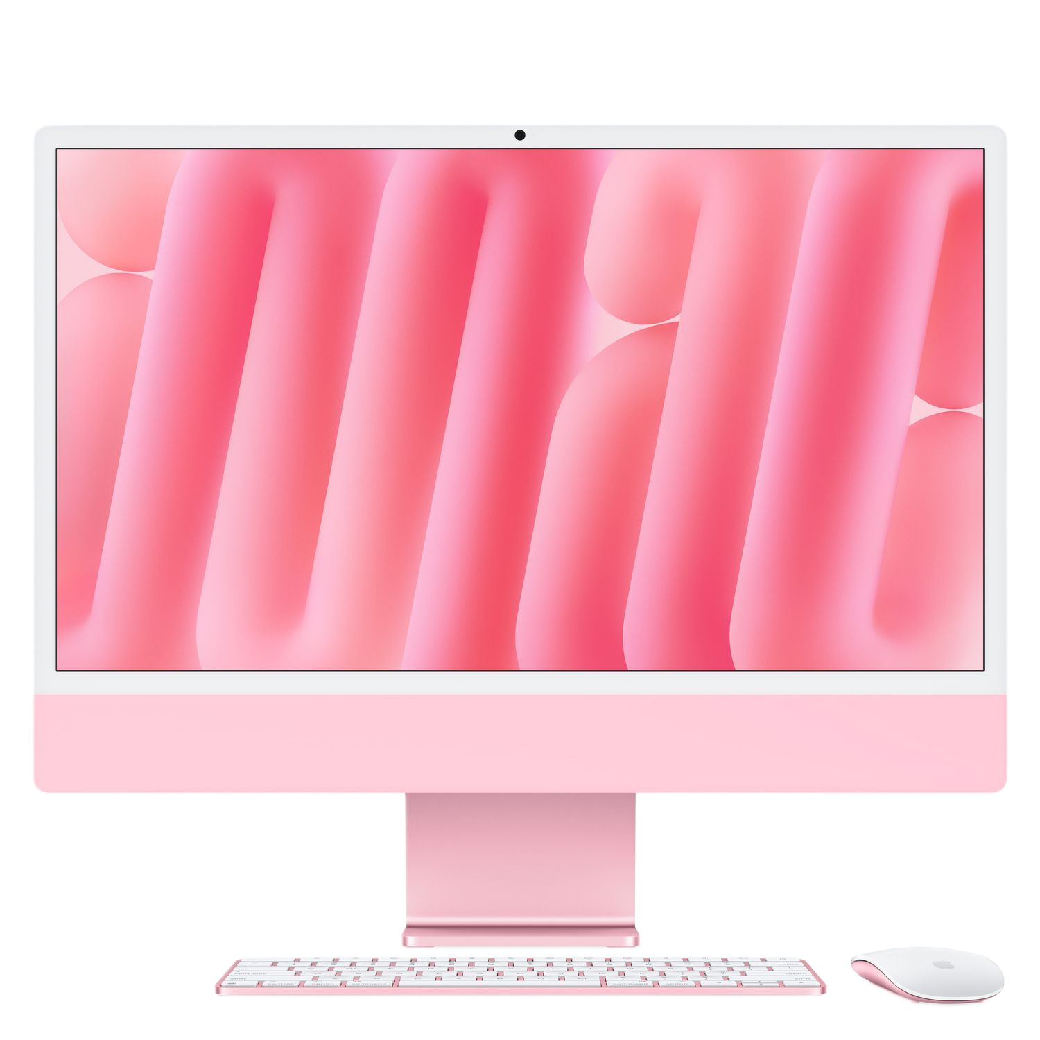 Pink Apple iMac computer, keyboard, and mouse on a white background. The screen displays an abstract pink design.