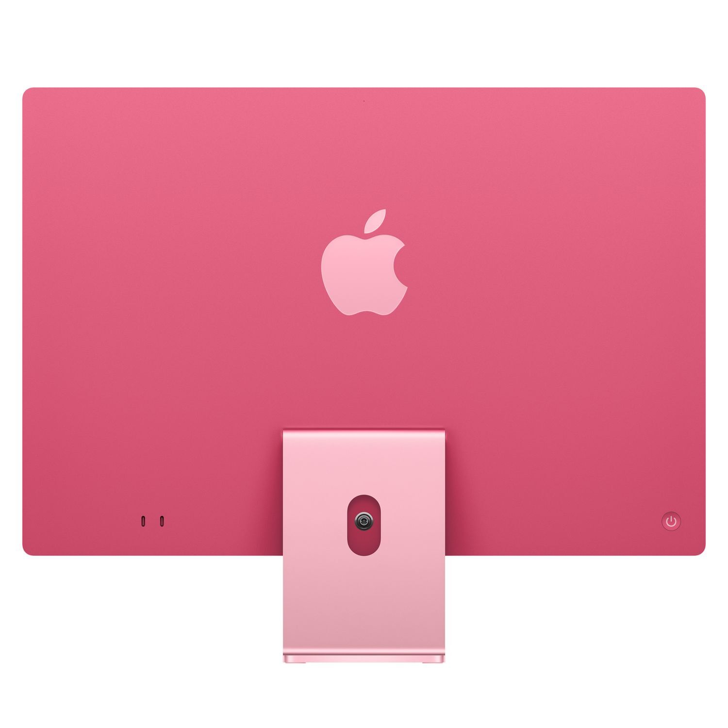 Pink iMac back view. Displays Apple logo, a stand, and ports. White surface.