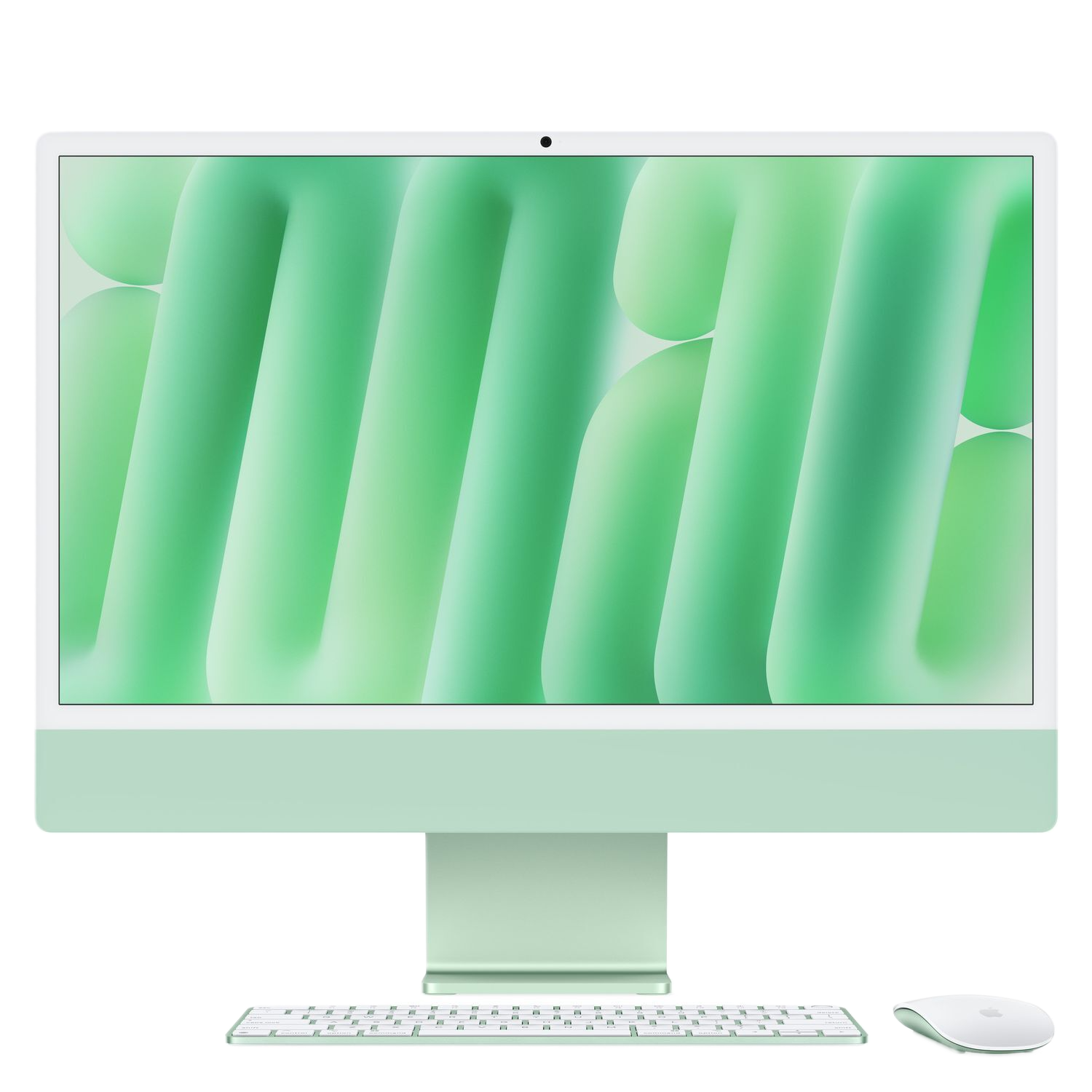 Groene iMac, met groene achtergrond, wit toetsenbord en muis op een wit oppervlak.