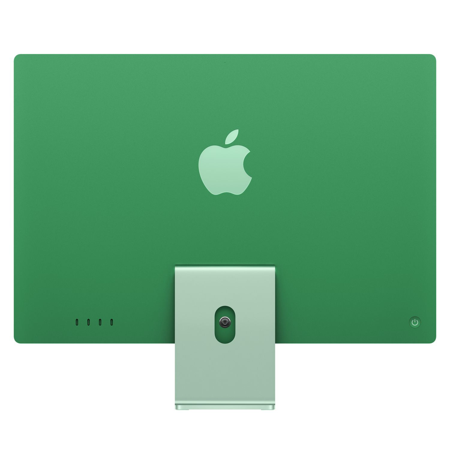 Groene iMac-achterkant. Apple-logo aanwezig. Een groene standaard is bevestigd. Er zijn verschillende poorten onder.