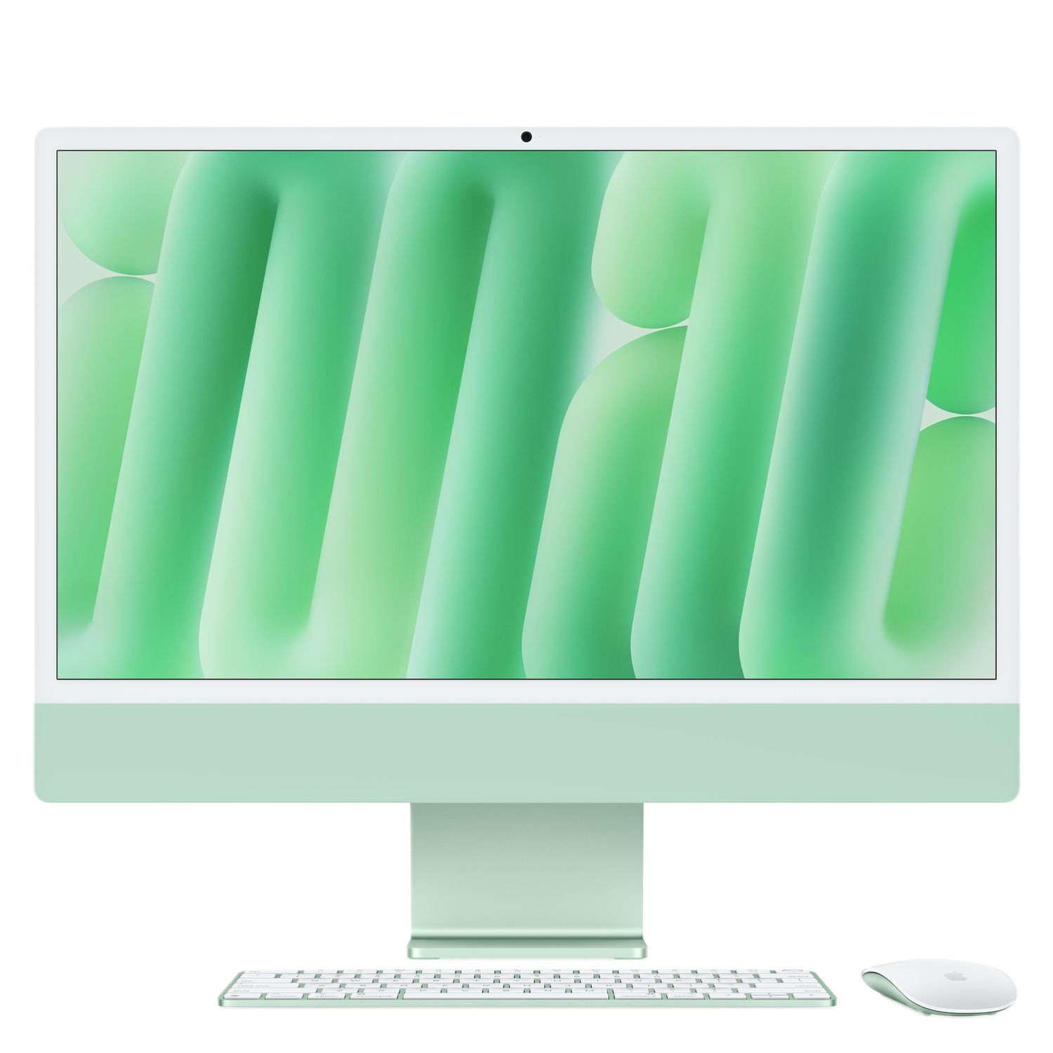 Groene Apple iMac met toetsenbord en muis op witte achtergrond.