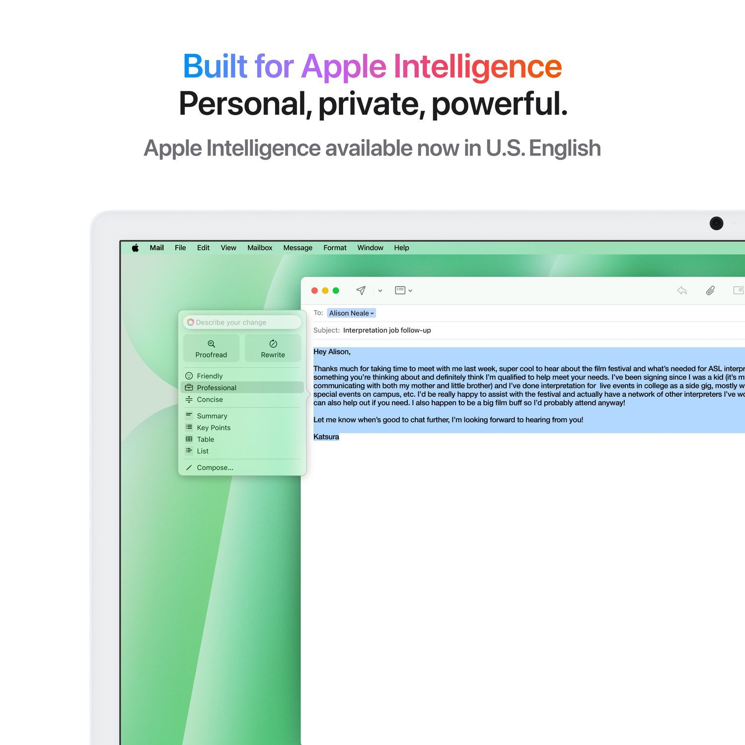 Een laptopscherm waarop een e-mail wordt weergegeven. Apple Intelligence-functies worden getoond.