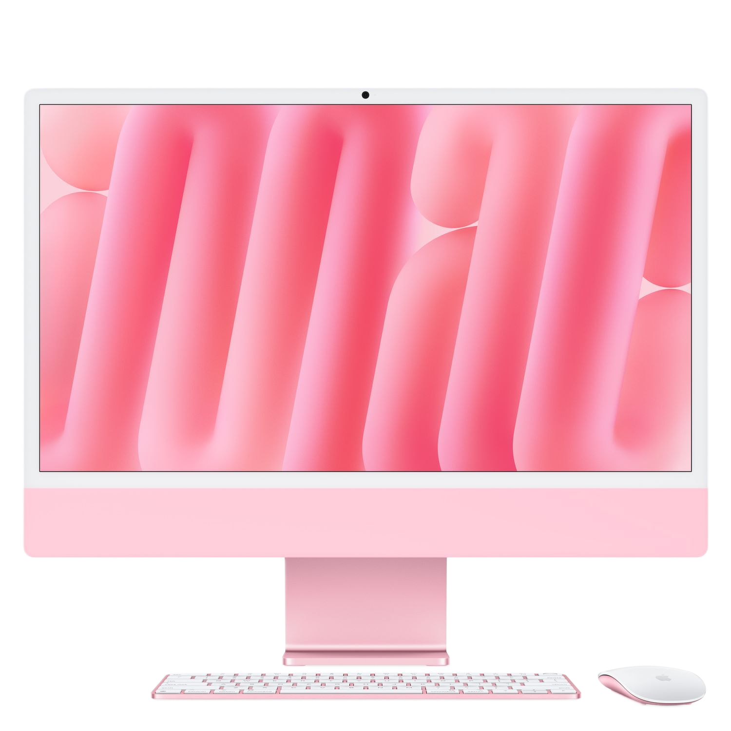 Pink iMac computer with a pink keyboard and a white mouse on a white background.