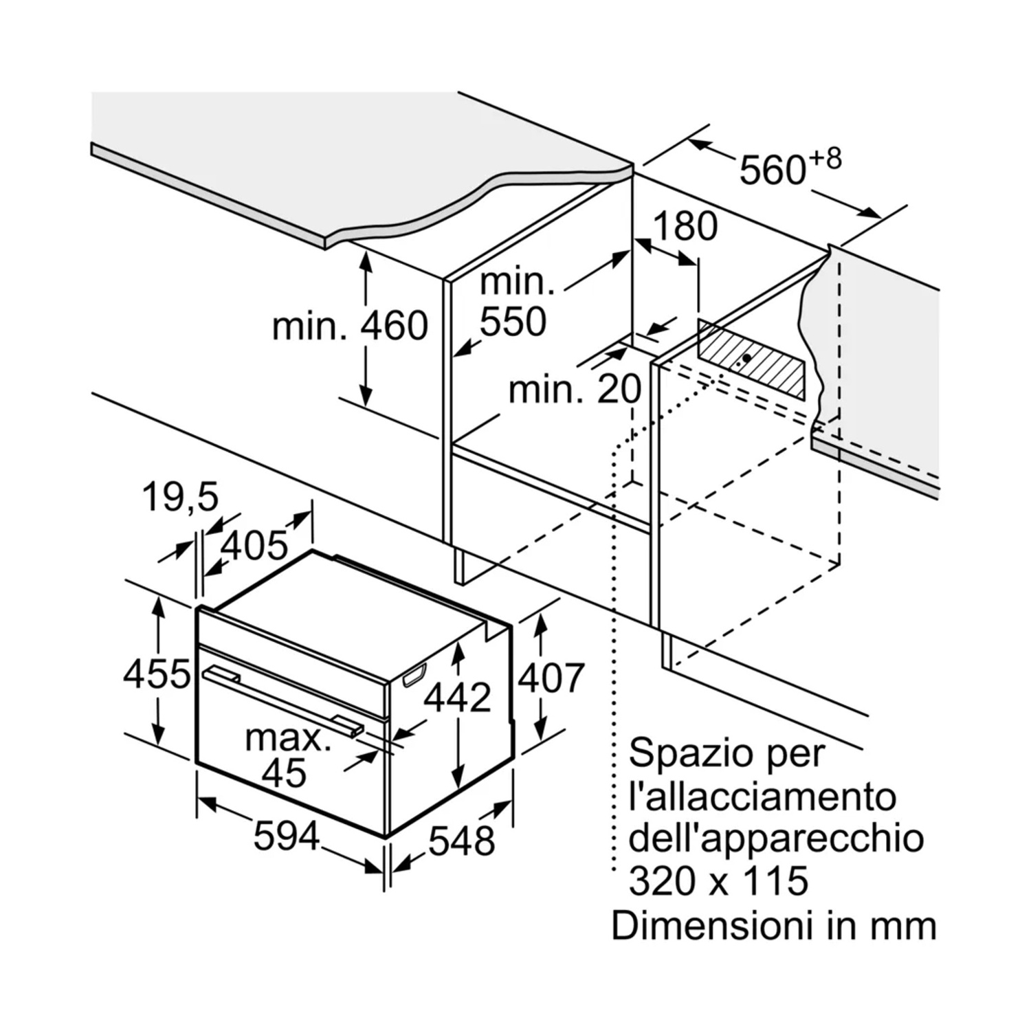Disegno tecnico di installazione di elettrodomestici da cucina.