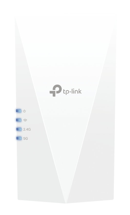 Biały wzmacniacz WiFi tp-link z niebieskimi diodami na białym tle.
