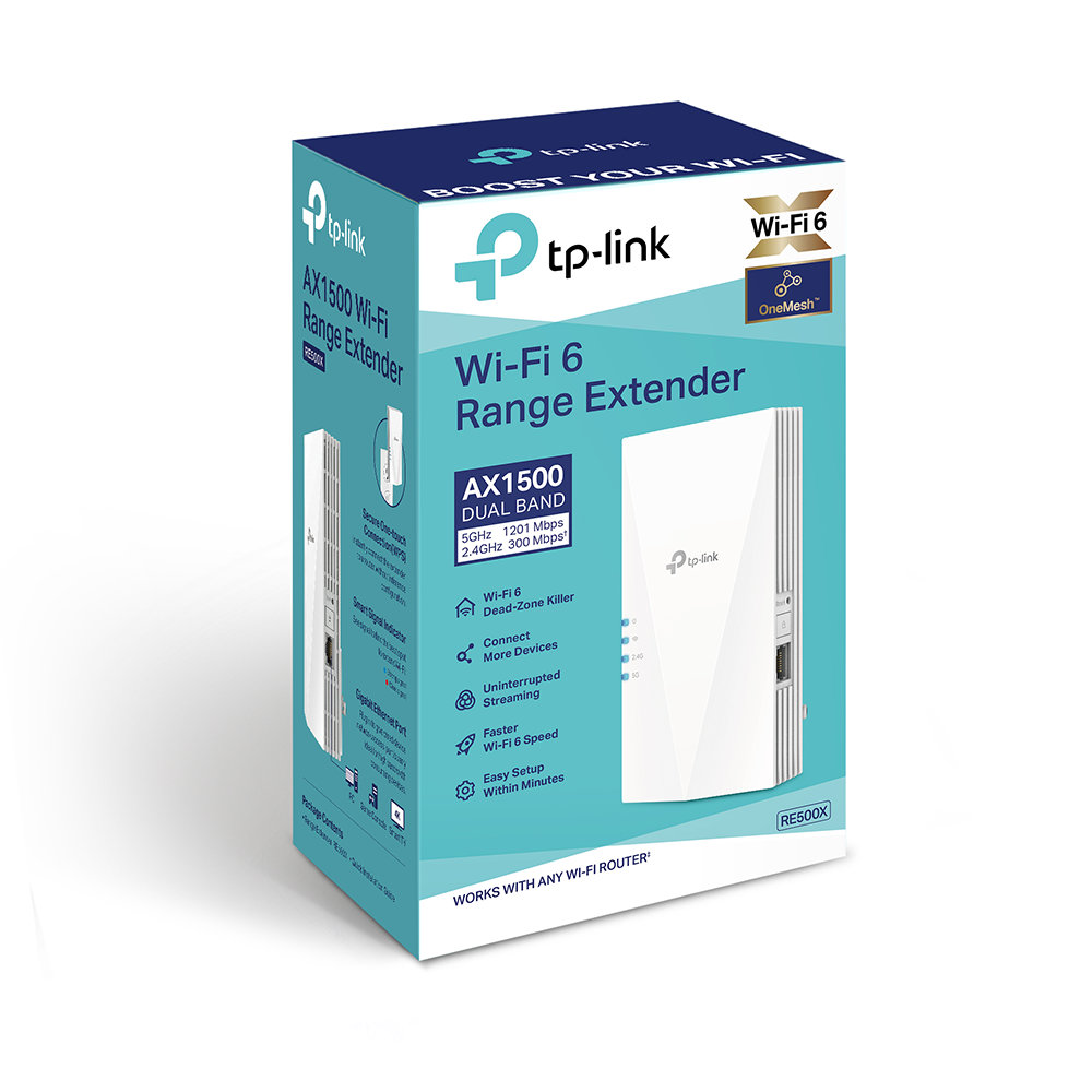 Pudełko wzmacniacza zasięgu Wi-Fi 6. Niebiesko-białe, ze szczegółami produktu i logo TP-Link.