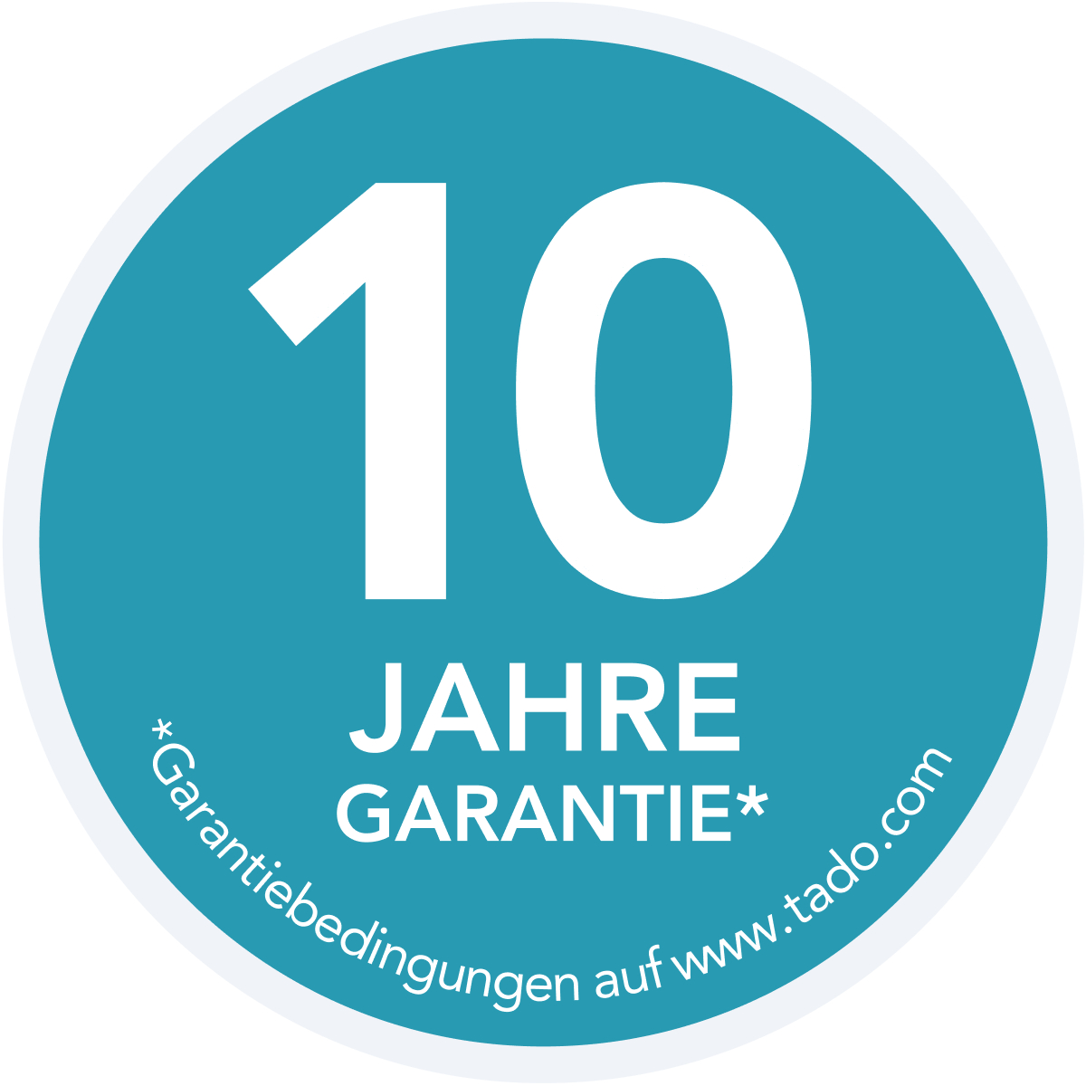Ein blauer Kreis mit der Zahl 10 und den Worten "Jahre Garantie" darauf.