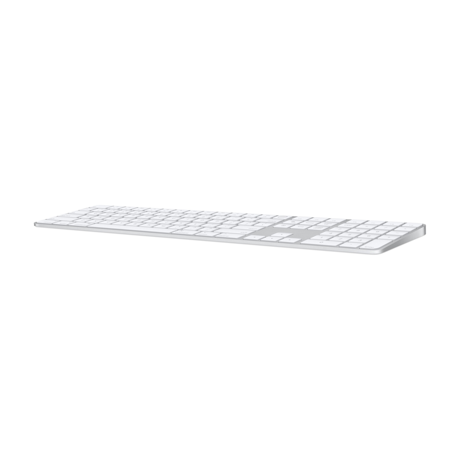 Tastiera magica Apple, vista laterale. Argento e bianco. Sfondo bianco.