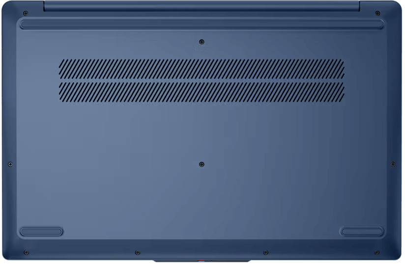 Kék laptop alsó nézete. Tartalmaz szellőzőnyílásokat, csavarokat és gumilábakat. Sötétkék szín.
