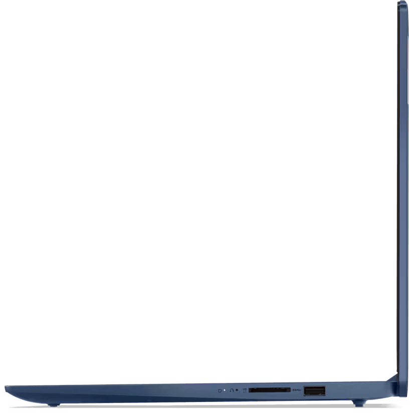 Kék laptop oldalsó nézete zárt képernyővel. Portokat és vékony profilt mutat.