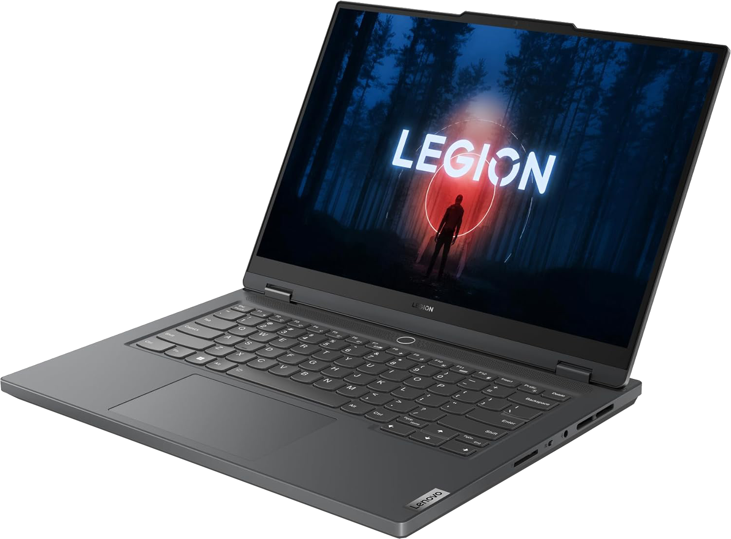 Fekete Lenovo Legion laptop, nyitva, a képernyőn a LEGION szó látható.