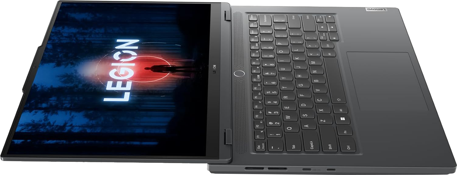 Fekete testű laptop, nyitva, LEGION feliratú képernyővel és billentyűzettel.