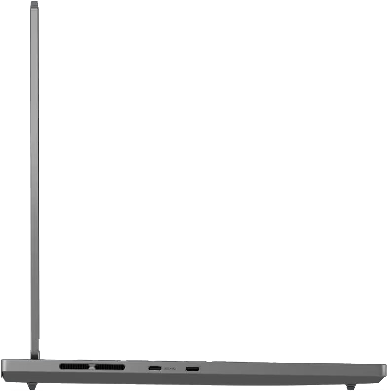Szürke laptop oldalsó nézete. Oldalsó portok, szellőzők és az alap látható. Fekete háttér.