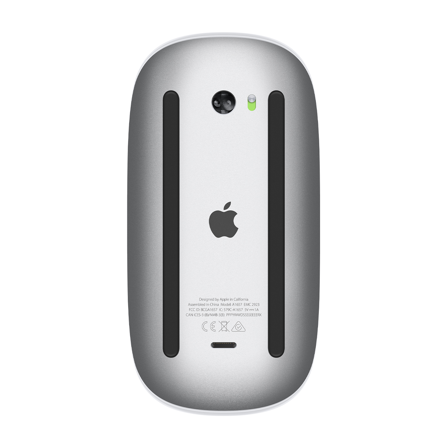 Parte inferiore del mouse Apple argentato su sfondo bianco.