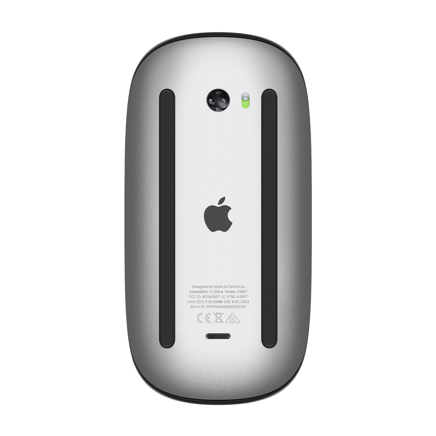 Parte inferiore del mouse Apple argentato su sfondo bianco.