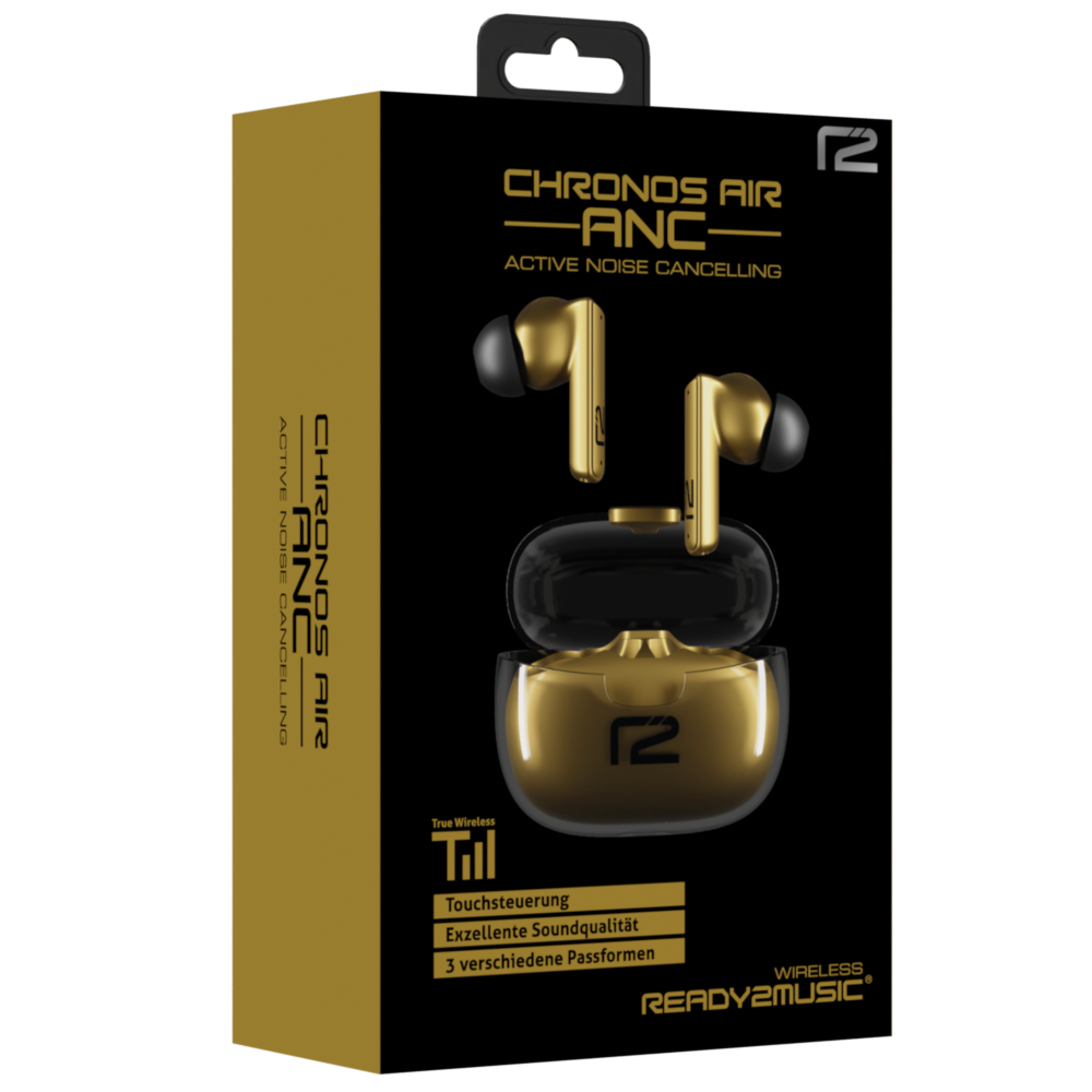 Goldene und schwarze Chronos Air-ANC-Ohrhörer in einem Etui. Die Verpackung zeigt Produktdetails.