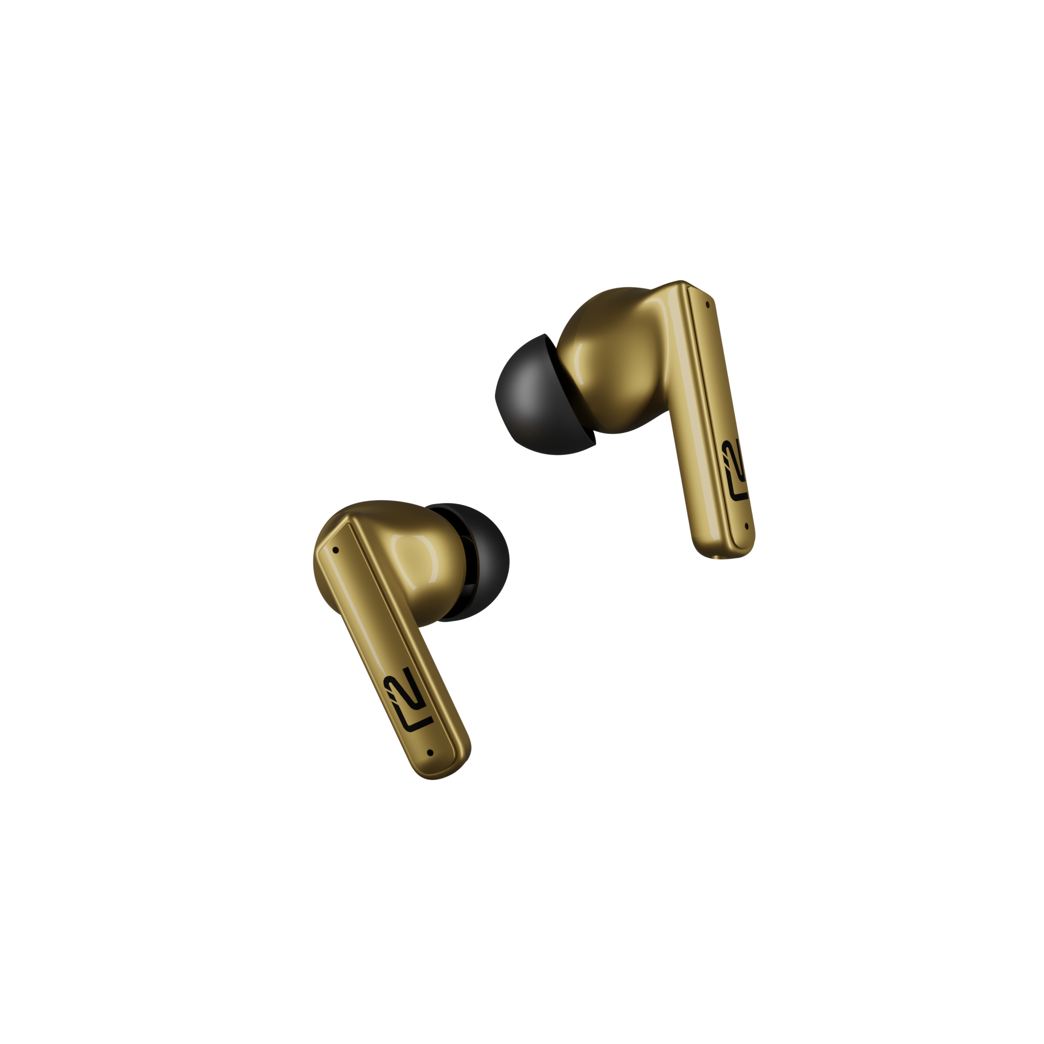 Zwei goldene kabellose Ohrhörer auf schwarzem Hintergrund. Die Ohrhörer haben ein einzigartiges Design und Form.