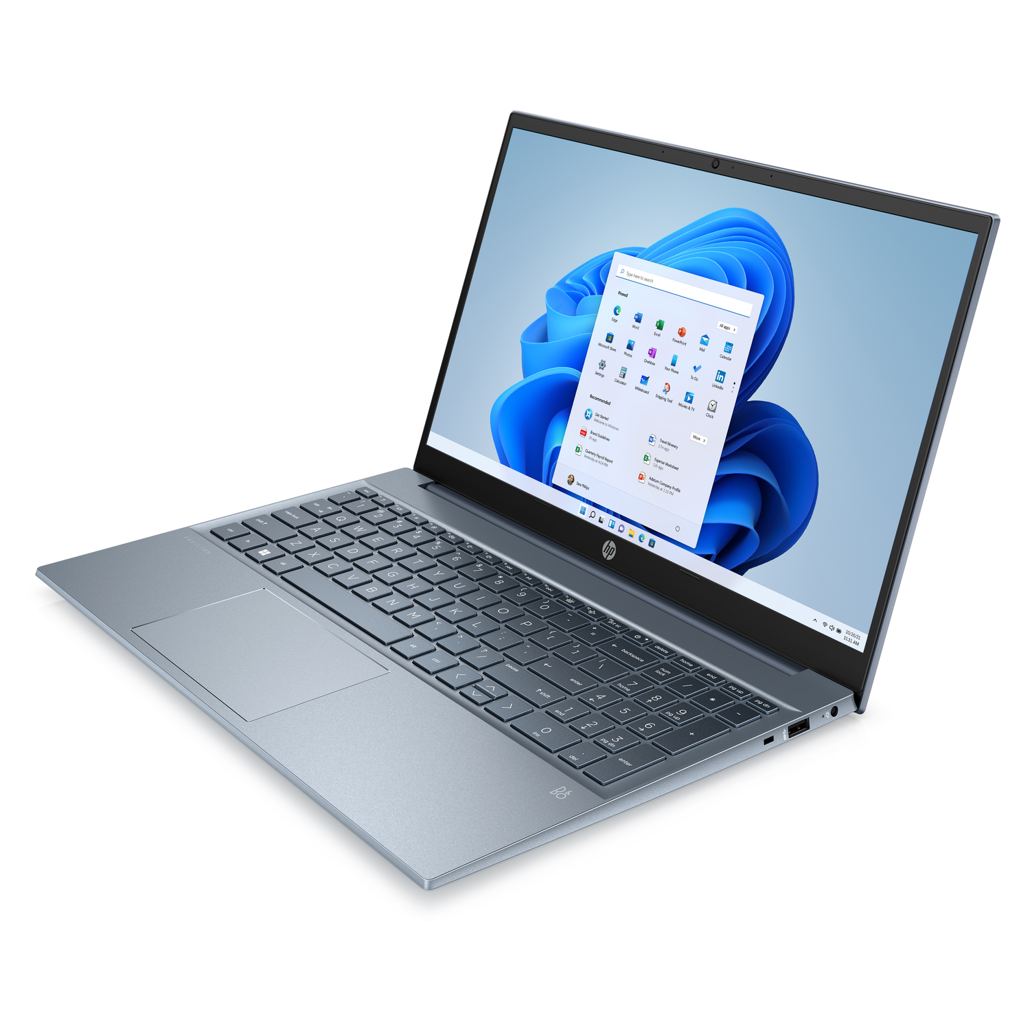 Blauwe laptop open, met de Windows 11-interface.