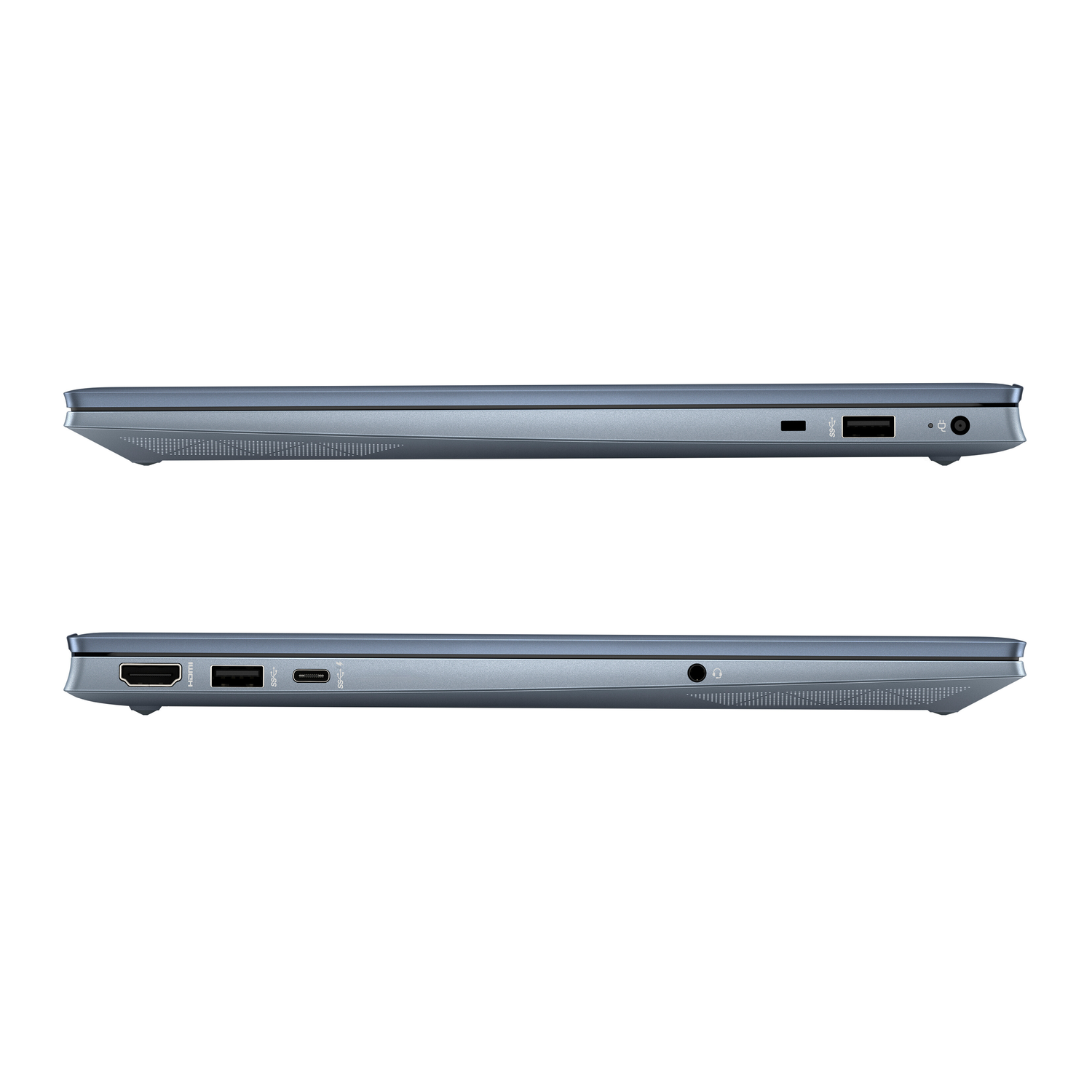 Twee zijaanzichten van een laptop, met poorten en connectoren, tegen een effen achtergrond.
