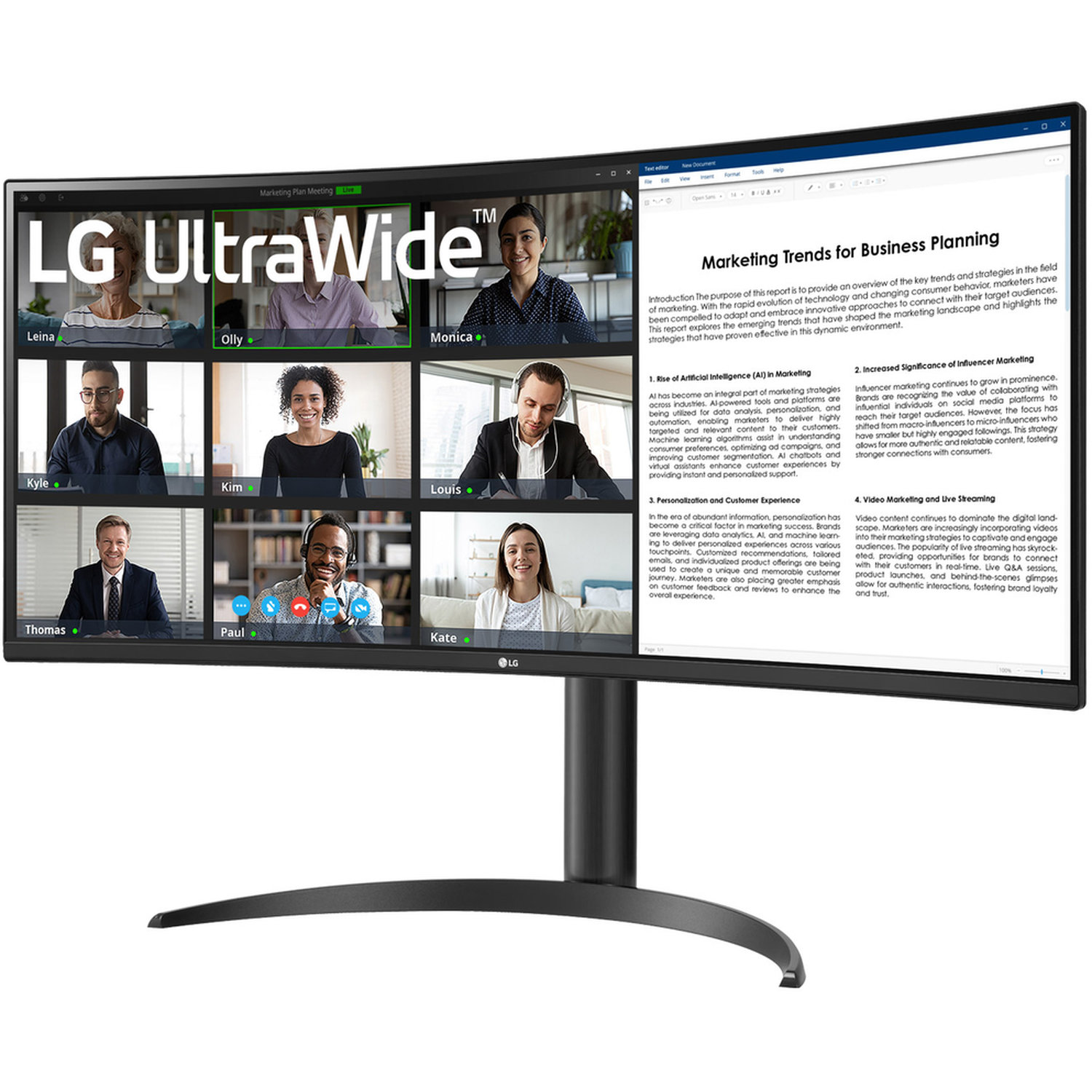 LG UltraWide monitor displays a video call with nine participants and a marketing report on the right side.