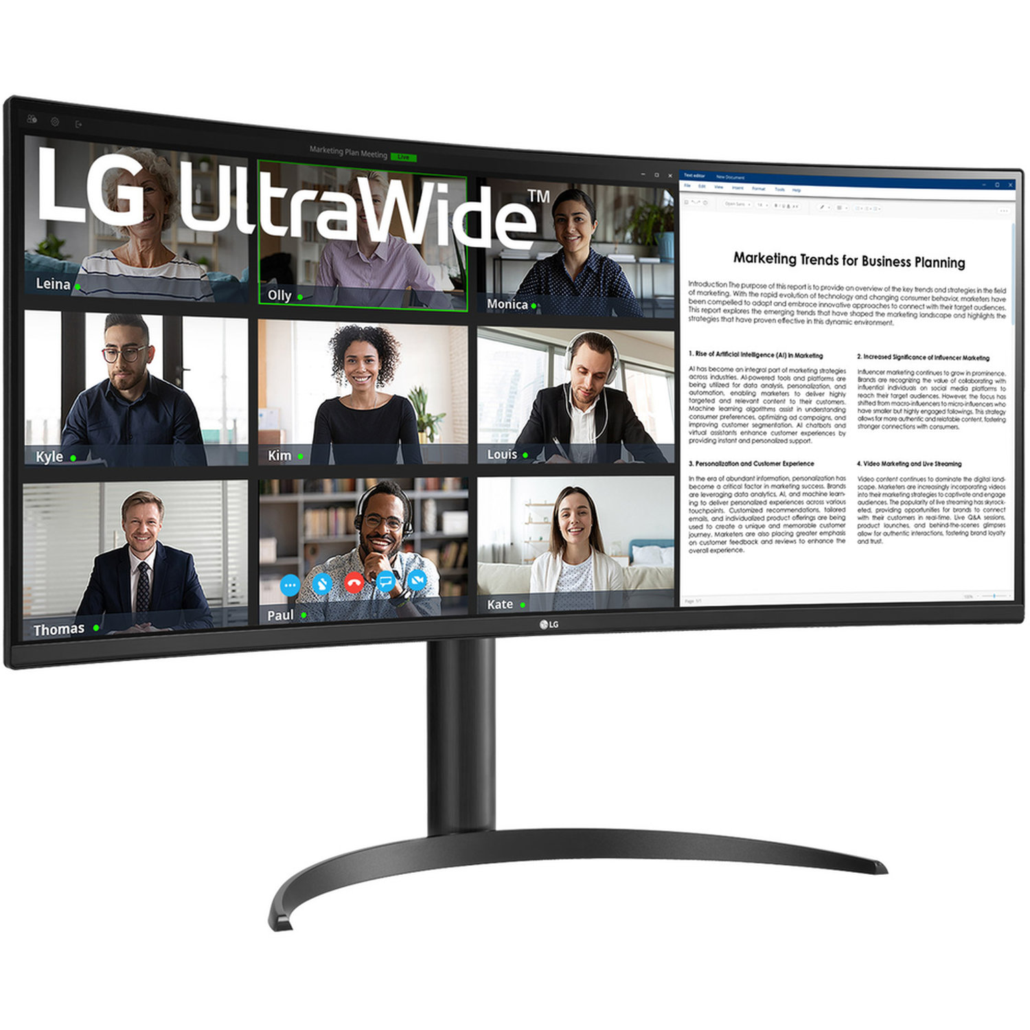 A curved LG Ultrawide monitor displays a video call. Nine people are on screen, with a marketing trends document open.