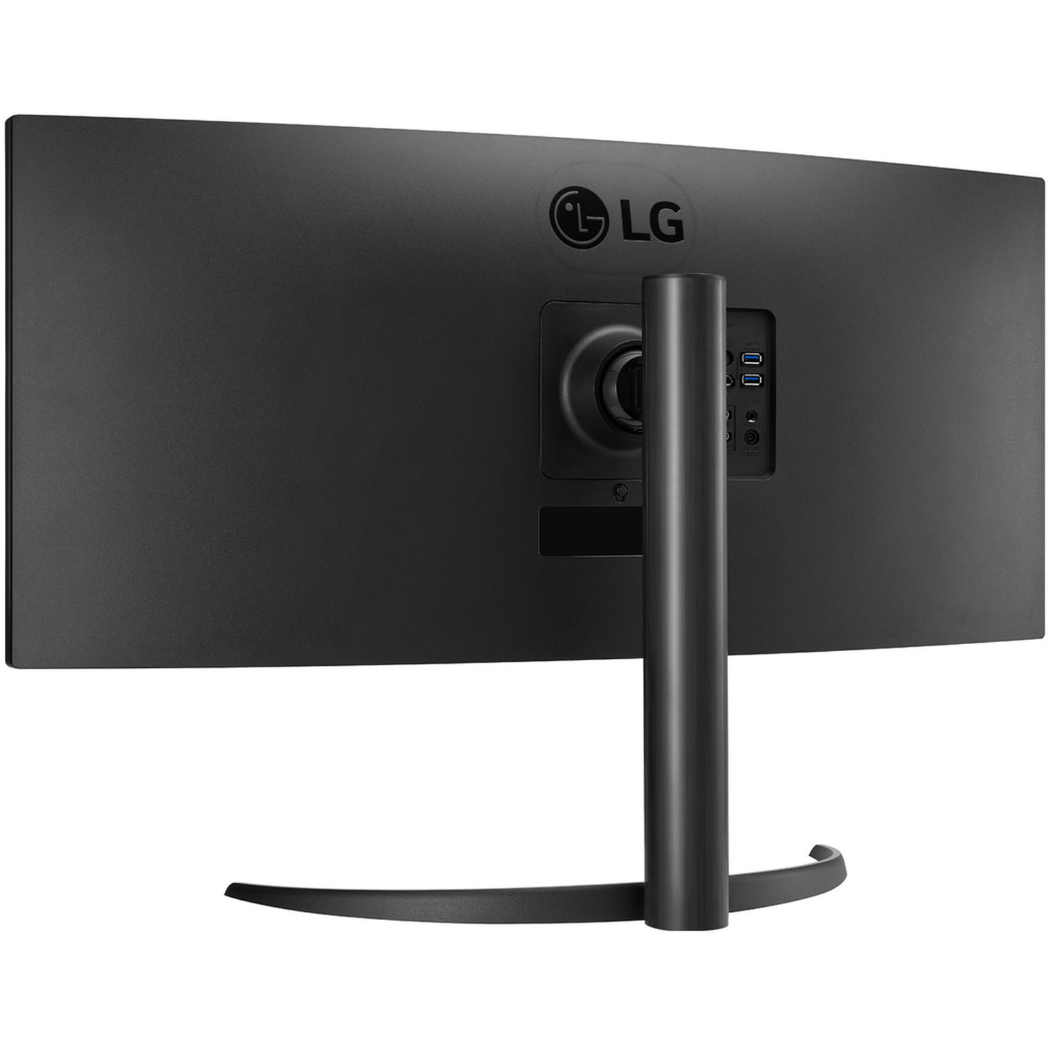 The back of a black LG monitor with a stand. The LG logo is visible, and various ports are present.