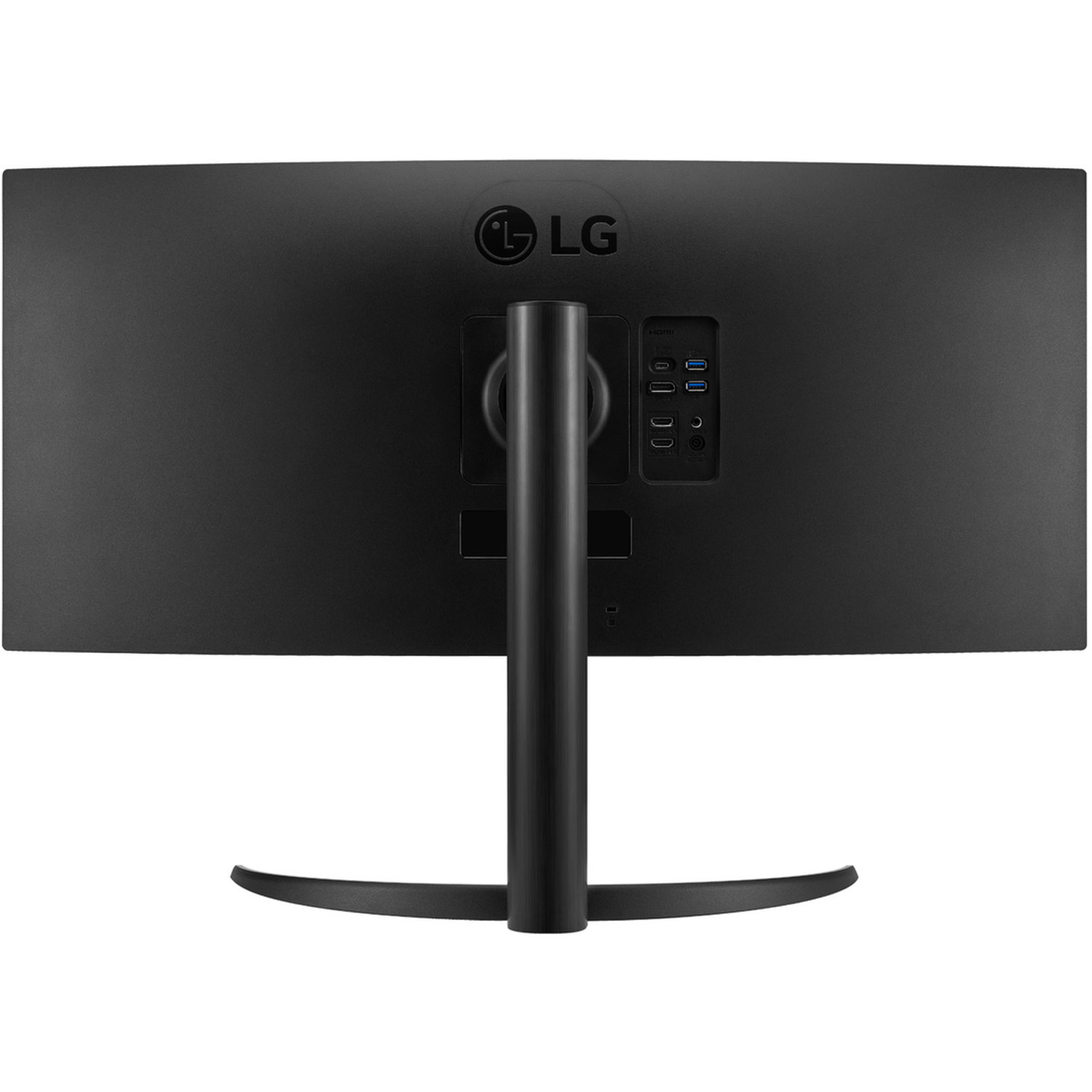 The back of a black LG curved monitor is shown. It has a stand and multiple ports. The LG logo is at the top.